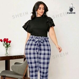 SHEIN LUNE Plus Plaid Print Paperbag Waist Tie Front Skinny Pants